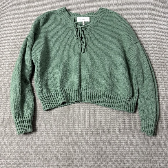 THE GREAT. Sweaters - THE GREAT Green V Neck Lace-Up Pullover Sweater Cotton Size 1